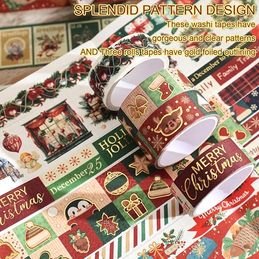 25 Rolls Christmas Gift Washi Tape Set, Festivals New Year Decorative Tapes for Scrapbooking, Junk Journal supplies, DIY Crafts Gift, Party Decorations, Bullet Journaling, 5-50mm Wide 9.84ft long/Roll