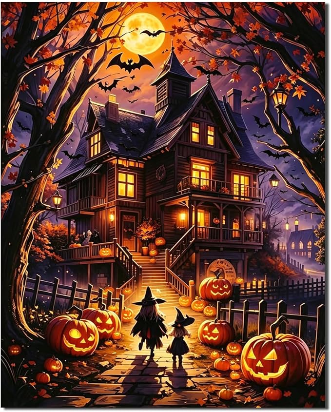 YarnWhimsy Halloween House Paint by Numbers Kit for Adults 16x20 inch