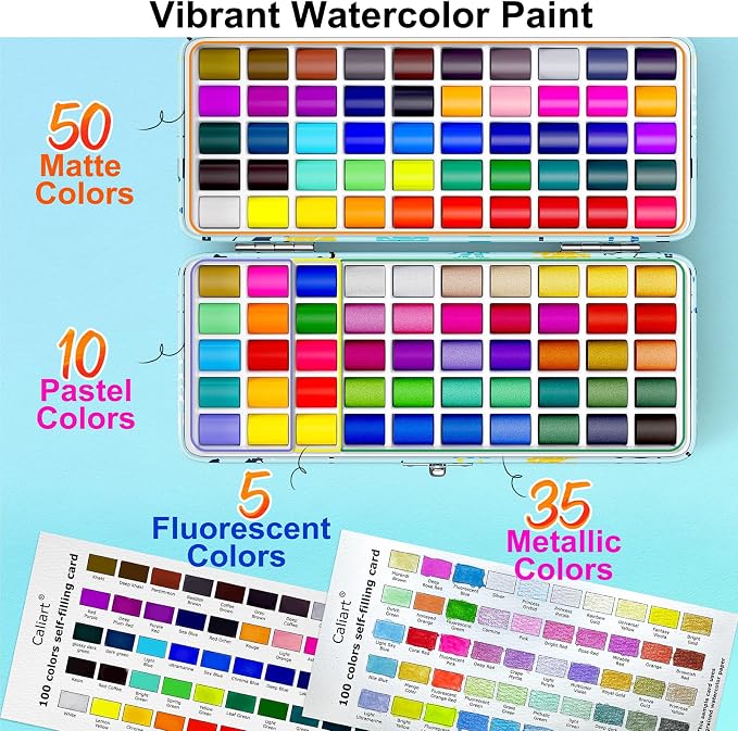 Caliart 100 Colors Watercolor Paint Set, Portable Art Supplies Palette Kit | Travel Metallic Water Color Paints, Art Coloring Painting Gifts for Adults Professionals Beginners Artists