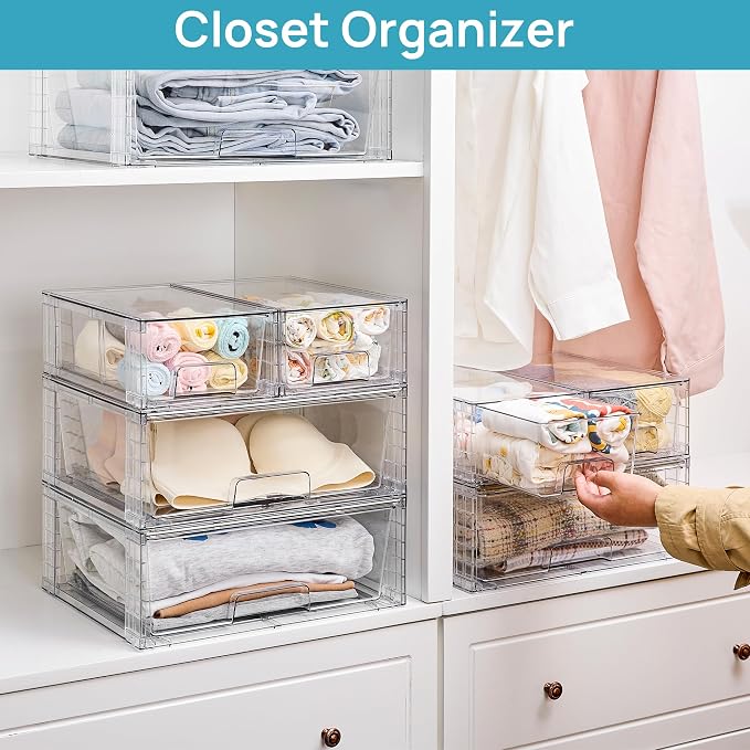 Vtopmart Clear Stackable Storage Drawers, 5 Pack Wide Storage Set