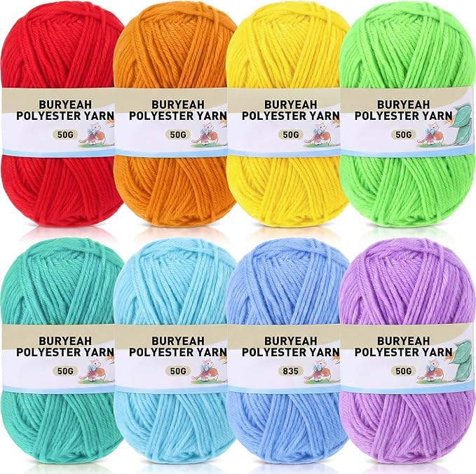 Buryeah Rainbow Series 8 Packs Crochet Yarn Knitting Bundle Beginner Acrylic Thread Fluffy Hand Tube Polyester Yarn Needles Bulky Kit Variety Pack 726 Yards for Weaving Crafts DIY Project Beginner