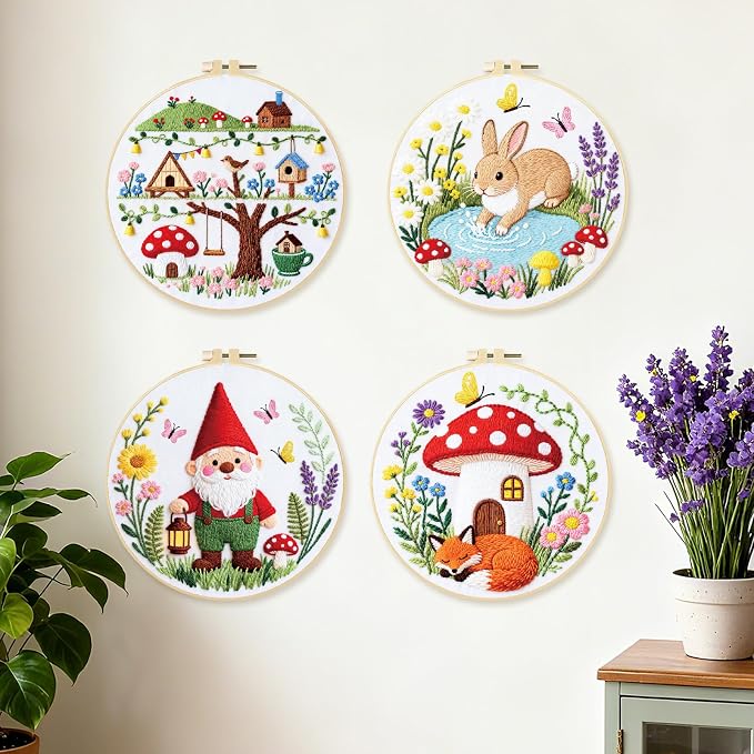 BEUNITONE 4 Set Embroidery Kit for Beginners, Fairy Tale Pattern Cross Stitch Kits, Needlepoint Kits for Adults with Instructions and Full Kit, Funny Hand Embroidery Patterns for Cloth and Home Decor