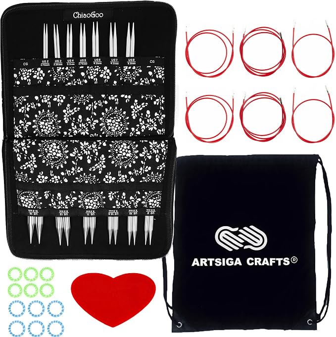 ChiaoGoo Twist Red Lace 5-inch Complete 7500-C Interchangeable Set | US 2, 3, 4, 5, 6, 7, 8, 9, 10, 10.5, 11, 13, 15, Circular Knitting Needles, Stainless Steel, 6 Cables, Project Bag