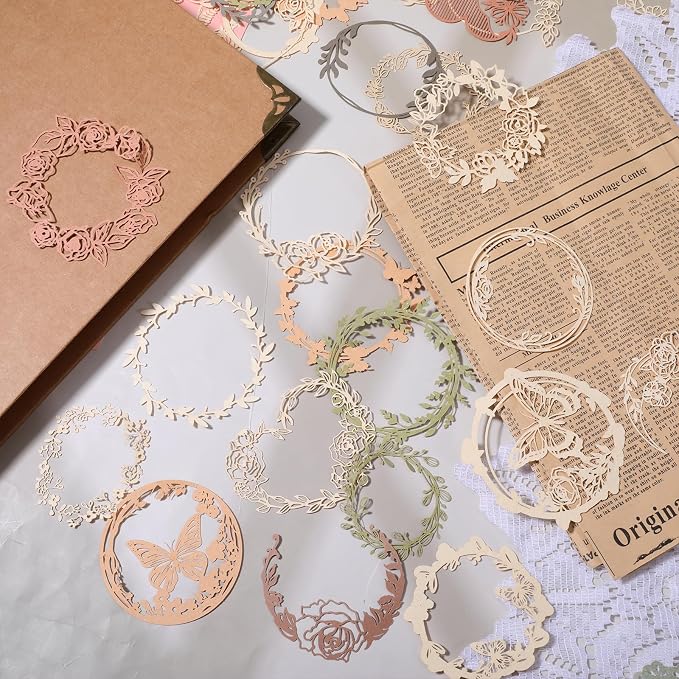 40 Pcs Vintage Flower Scrapbook Paper Lace Cutouts, Decorative Artistic Butterfly Leaf Hollow Out Frame Embellishments Card Making Supplies for Junk Journal DIY Craft Album Planners Decorative Arts