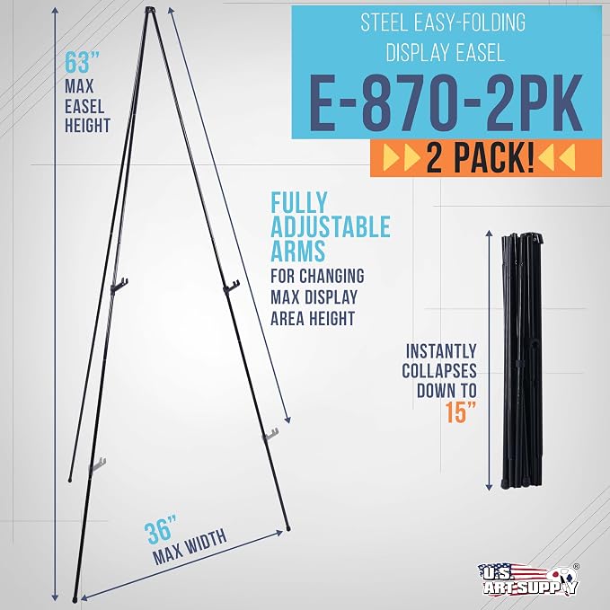 U.S. Art Supply 63" High Metal Folding Display Easel - Adjustable Height