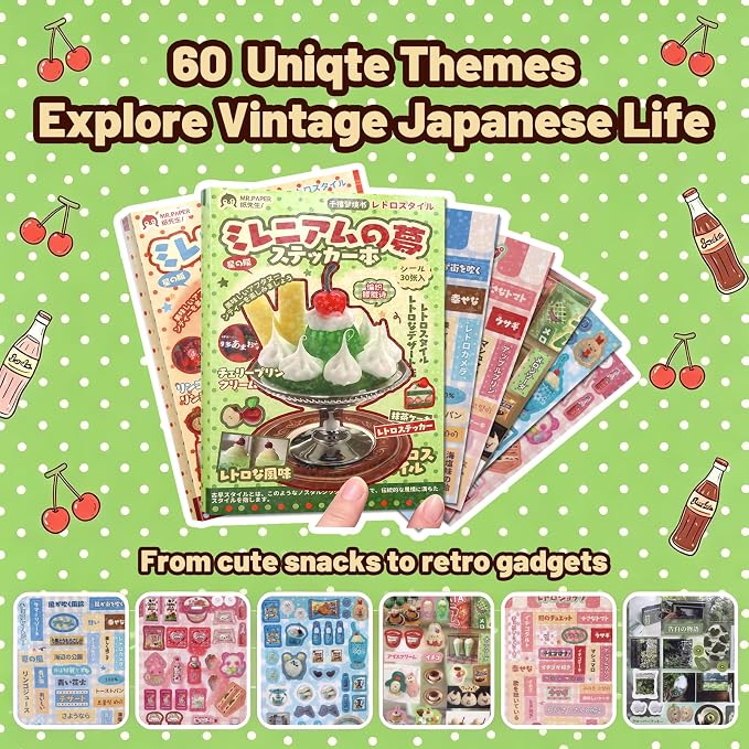 Tmtains 60 Sheets Japanese Sticker Book for Scrapbook Junk Journal Heisei Retro Manga & Ice Cream Style Korean Stickers for Journaling Aesthetic Cute Sticker Book for Adults DIY Crafts (Yellow&Green)