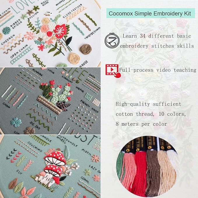 COCOMOX Embroidery Kit for Beginners Adults, Needlepoint Cross Stitch Kits | Simple Embroidery Patterns, Learn 34 Different Basic Stitch Skills, DIY Hand Embroidery Kit
