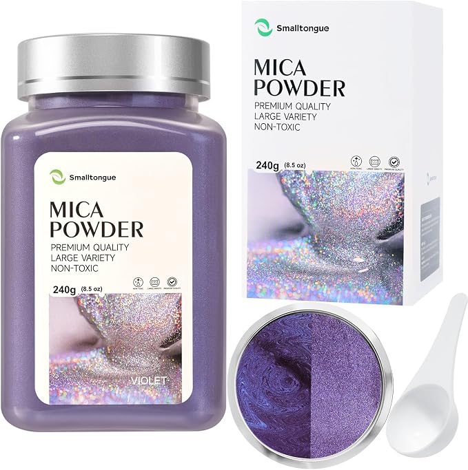 Mica Powder, Violet, 240g with Scoop, Complies with ASTM D-4236 | For Epoxy Resin, Soap, Bath Bomb, Candle| Safety Material| Odorless| Brilliant Colors