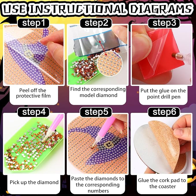 UPINS 8Pcs Halloween Diamond Art Painting Coasters Kits with Holder | Diamond Art Non Slip Coaster Kits ,DIY with Holder crafts, for Adults Diamond Art Painting Kits Supplies