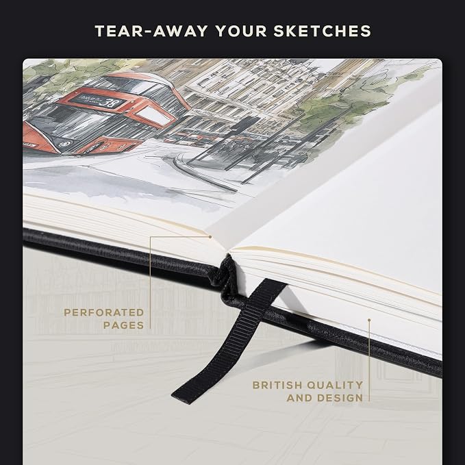 Beechmore Books A3 11.7x16.5 Mixed Media Sketchbook 160 GSM/98lb, Gift Box | Hardcover Drawing Pad with Lay-Flat Binding, Extra Large Perforated Ivory Paper for Studio Drawing & Watercolor Work