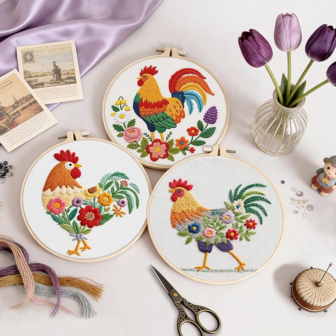 Uniartfy 3 Pack Funny Rooster and Flower Embroidery Kits for Beginners, Animal Cross Stitch Kit for Adults, DIY Needlepoint with Stamped Pattern, Embroidery Hoop, Tools, Colorful Threads, Instructions