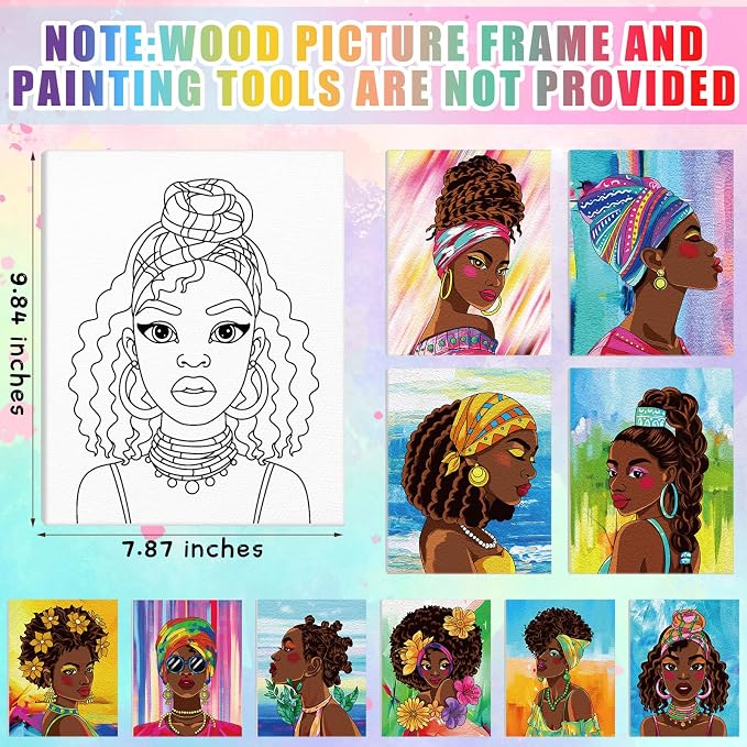 Chuangdi 10 Pcs Afro Queen Pre Drawn Canvas for Painting Pre Printed Paint and Sip Party Supplies 8 x 10 Inch Stretched Outline Board Painting Kit for Adults Beginner Artist DIY