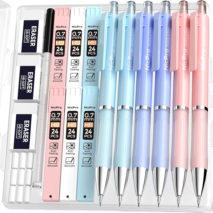 Nicpro Cute Mechanical Pencil, 0.7mm Pastel Pencils for School-6 Pack