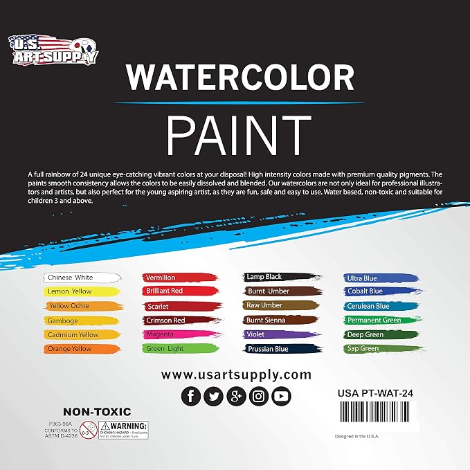 U.S. Art Supply Professional Watercolor Paint Set, 24 Colors in 12ml Tubes