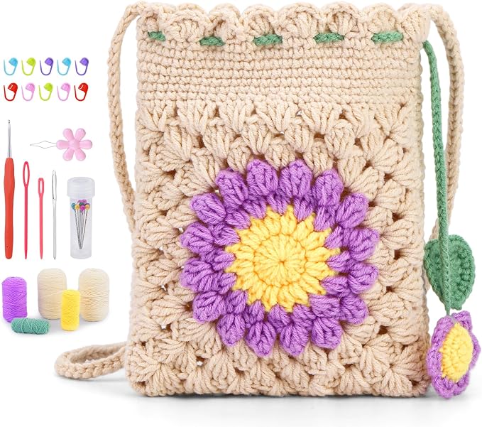 Fedmut Crocheted Starter Kit Phone Bag Crochet Kit with Yarn Hook for Adult