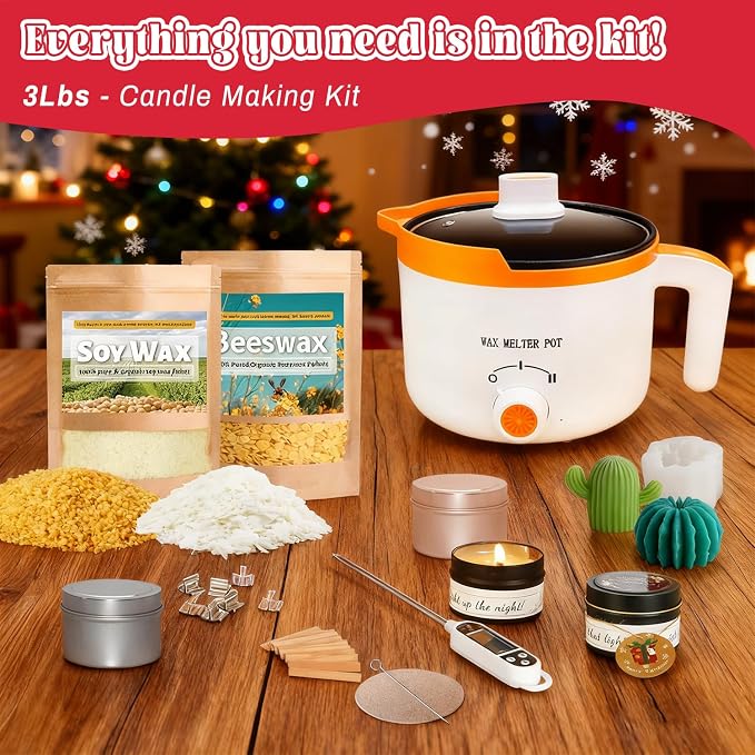 Complete Soy and Beeswax Candle Making Kit for Adults with Wax Melter | Wax Melt Making Kit Includes 2lb Soy Wax, 1lb Beeswax, 12 Candle Jars, Candle Moulds