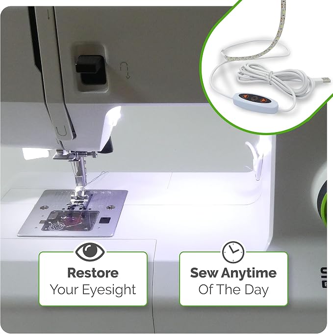 Madam Sew LED Sewing Machine Light Strip with USB Dimmer | 12-Inch Trimmable Flexible Strip Stick On Sewing Light, 24 Daylight LED at 6500K with 3 Adhesive Clips | Fits Most Sewing & Quilting Machines