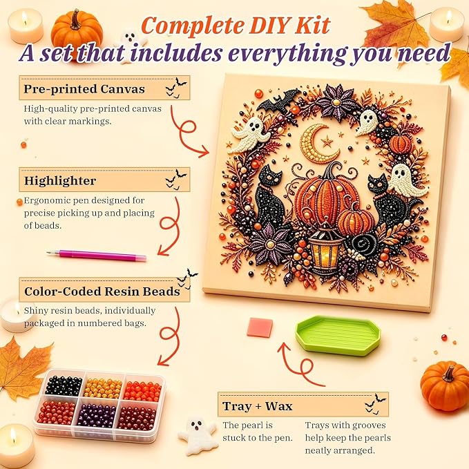 Halloween Ghost Pearl Art DIY Kit,Cute 3D Pearl Mosaic Craft Set for Adults & Beginners,Spooky Ghost Pumpkin Canvas Art for Fall Home Decor,Wall Art for Gift