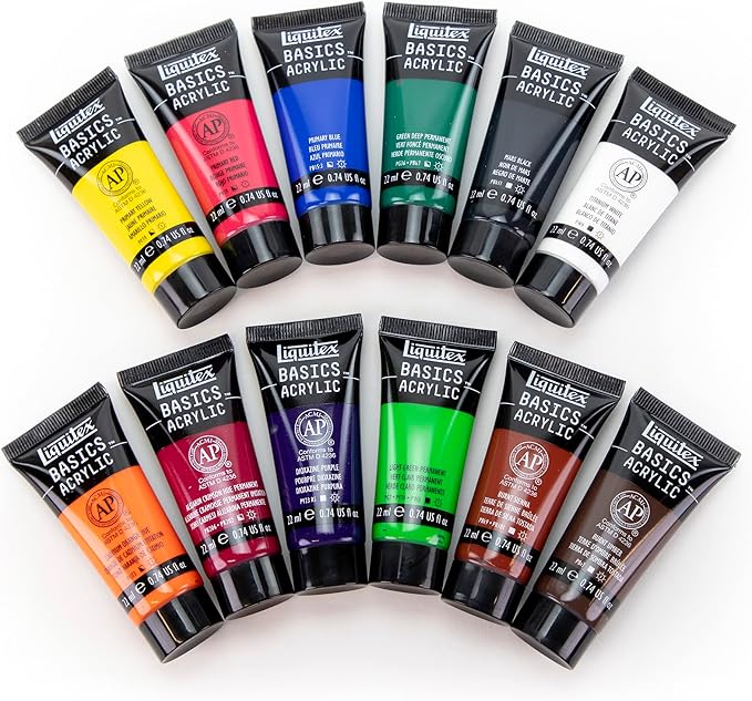 Liquitex BASICS Acrylic Paint Set, 12 x 22ml (0.74-oz) Tube Paint Set | Medium Viscosity, Satin Finish, Lightfast, Fine Art Pigments, Range of Opacities, Easy Blending