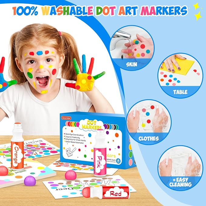 Soucolor 32-Pack Washable Dot Markers for Kids & Toddlers 8 Vibrant Colors