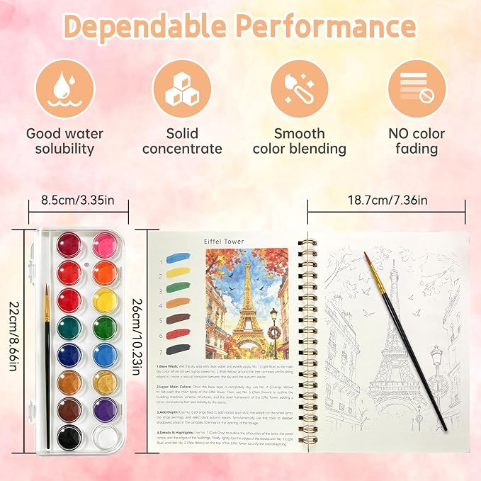 Watercolor Workbook, 16 Colors Watercolor Books Paint Set for Adults Teens