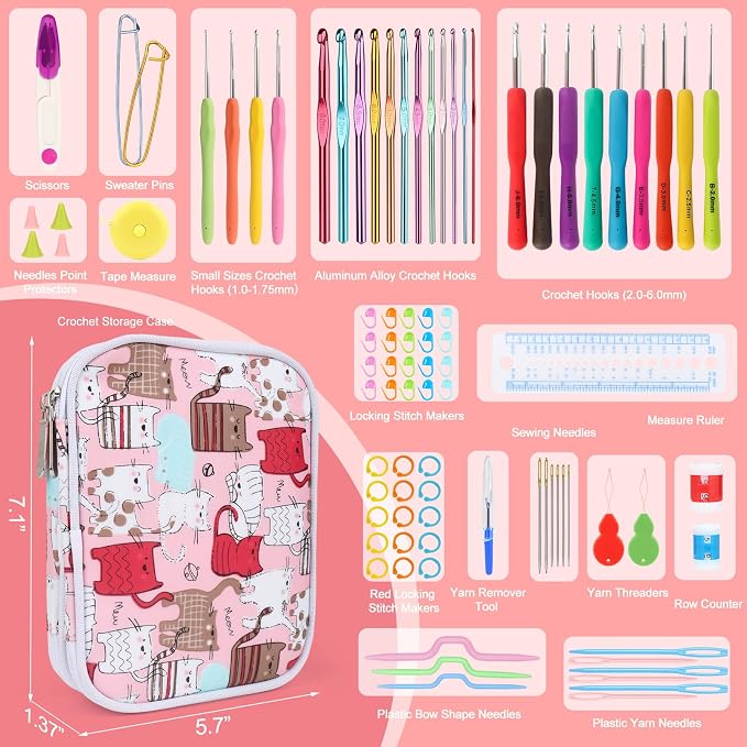 Katech Crochet Hooks Kit with Case, 99-Piece Crochet Hooks Set DIY Crochet Needles Yarn Weave Kits for Knitting Gloves and Sweaters, Ergonomic Lace Crochet Hook for Fine Working | 99 Pcs Metal Crochet Needles and Complete Crochet Accessories for Beginn...