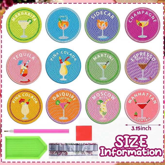 Zonon 12 Pcs Diamond Painting Magnets Cocktail Themed Round Fridge Stickers | Colorful Drink Theme for Kitchen Office Locker, Art Craft for Adults, Adhesive Round Stickers, Summer Party Home Decor