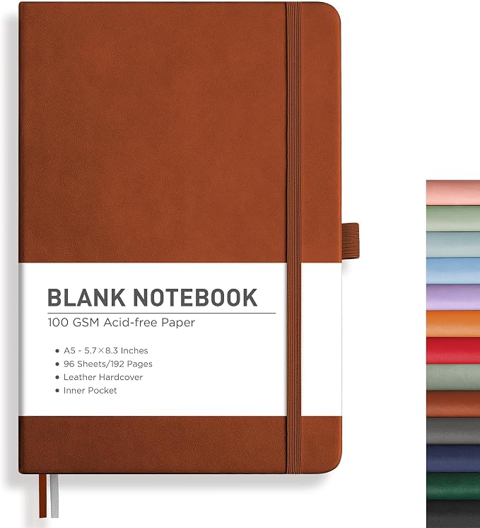 RETTACY Blank Journal Notebook, 192 Pages, A5 Medium Size (5.7'' x 8.3'') | Leather Hardcover, 100 GSM Thick Paper, for Sketching, Drawing, Painting (Brown)