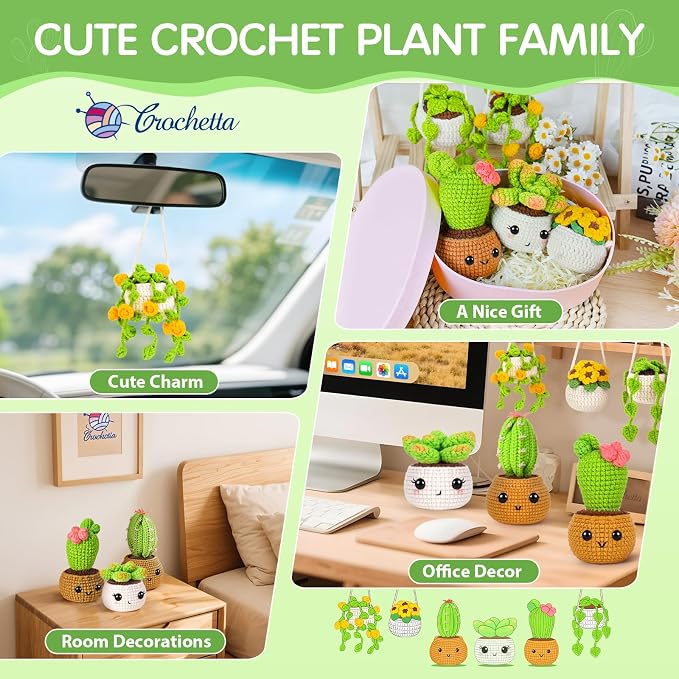 Crochetta Crochet Kit for Beginners, Crochet Starter Kits for Adults, Amigurumi Craft Knitting Crocheting Kits with Step-by-Step Video Tutorials, 6 Pc Hanging Potted Plants Family(40%+ Yarn
