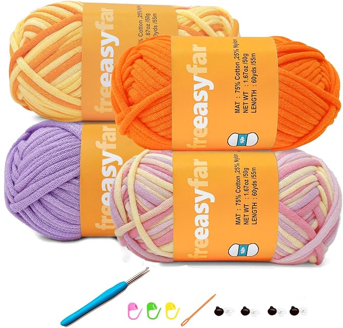 4x50g Beginner Crochet Yarn for Crocheting and Knitting; Beginner Easy Yarn kit with Tool Set (Macaron+Yellow+Orange+Purple, 4 Skein)
