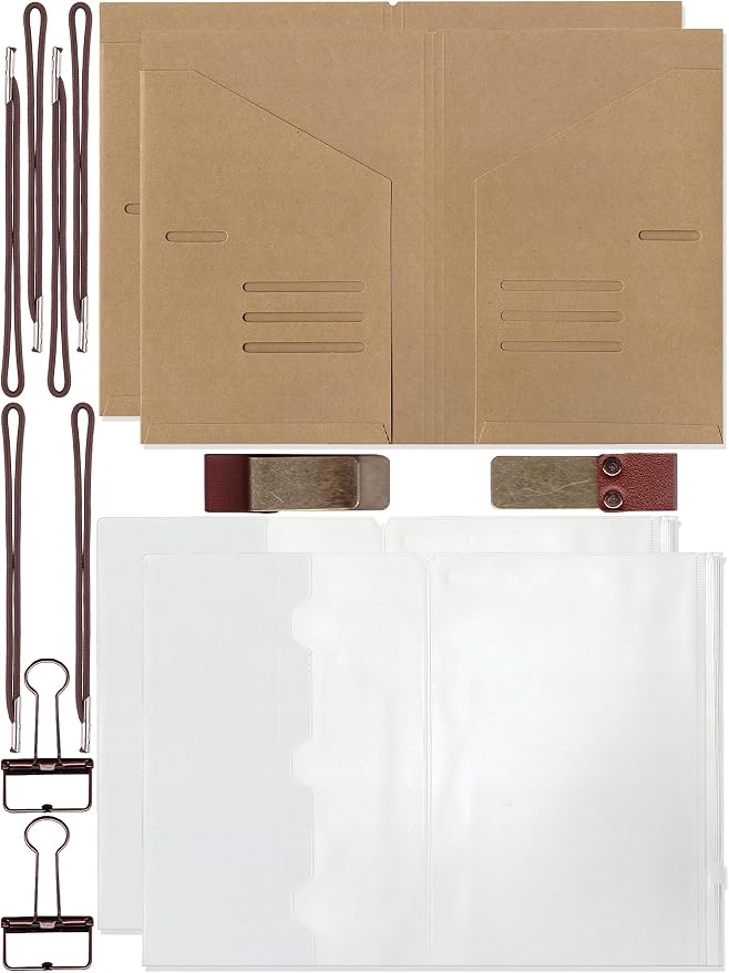 2 Pack A5 Size Travelers Notebook Accessories Kit Includes Kraft File Folders, PVC Zipper Pouches, Pen Holders, Binder Clips & Elastic Bands for Travel Journal Organizer Supplies
