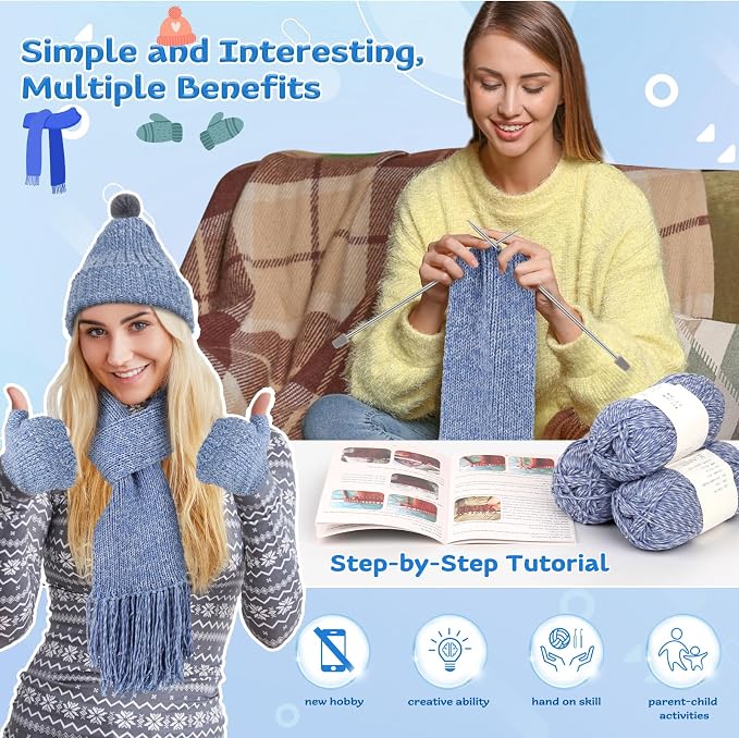 Coopay Knitting Kit for Beginners, Hat Scarf Glove Knitting Kit w/Guide | Learn to Knit Hat Scarf Glove, Knitting Starter Kit for Adults w/ 6pcs Yarn, w/Step-by-Step Tutorial, 4PCS Knitting Needles