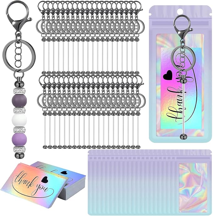 42/84/126 Pcs Beadable Keychain Bars Bulk Blank DIY Beaded Keychain Making Supplies with Bag Thank You Card