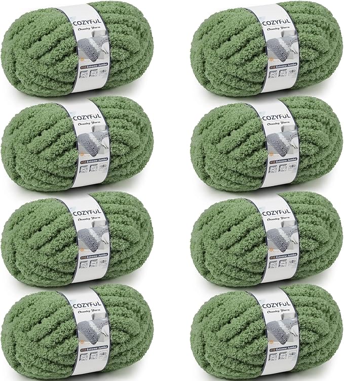 Cozyful Chunky Yarn for Hand Knitting - #10 Chunky Chenille Yarn, Jumbo Big Thick Chunky Yarns for Crocheting, Super Bulky Chunky Knit Blanket Yarns, 8 Skein (22 yds 8 oz Each Skein), Smoky Green