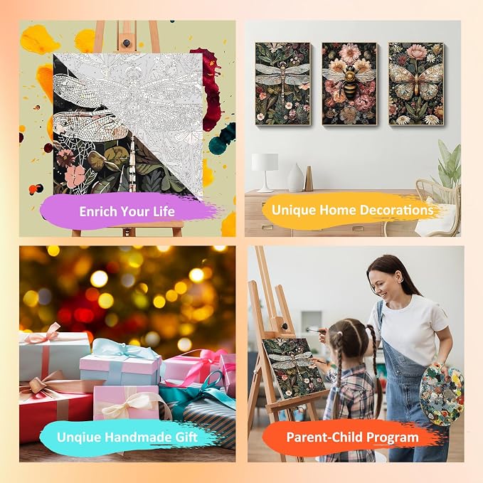 Mandun Insect Paint by Numbers Kit for Adults, 3 Pack, 7.8x11.8 inch | DIY Painting Kits Crafts for Adults, Relieve Stress, Frame Canvas, Wooden Easel, Gift Box, Home Wall Decor