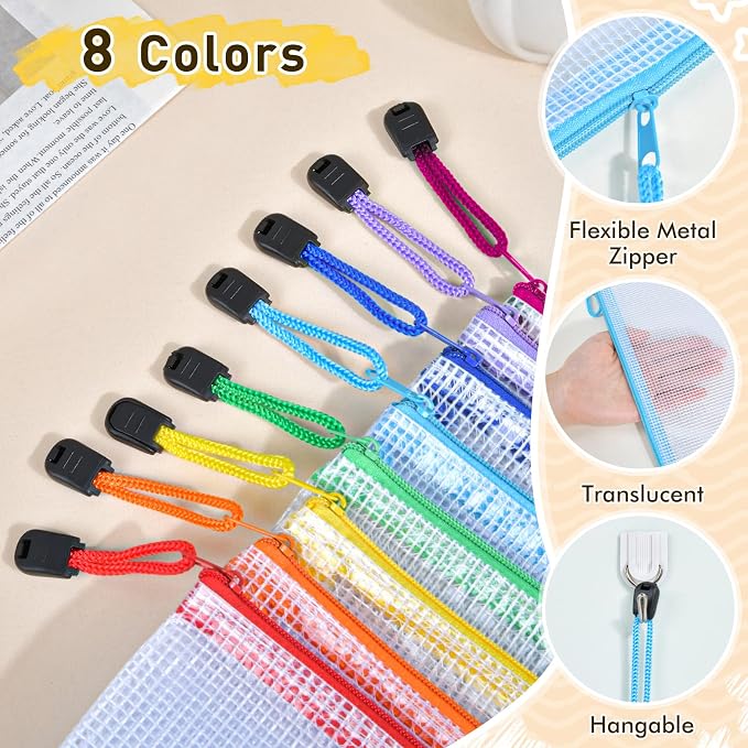 PAPEJOON 30pcs Mesh Zipper Pouch Bags, 8 Sizes Plastic zippered Storage Bags for Organizing, Clear Pouches with Zipper, Waterproof Mesh Pouch for Office Supplies, Home Organize, Travel Storage