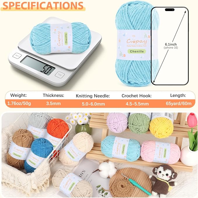 Coopay Chenille Yarn for Crochet, Medium Weight Yarn CYC #4, Blue | Crochet Yarn Set - 400g Total, Soft Velvet Yarn for Colorful Crafts, Blankets, Plush Dolls, Decorative Handmade Works