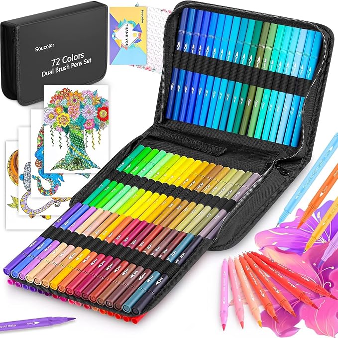Soucolor 72 Dual Brush Markers Adult Coloring Books,Fine &Brush Double Pens | 72 Vibrant Water-Based Colors,No Smudge, DIY Color Card,4 Coloring Sheets and Portable Case Lettering, & journaling.