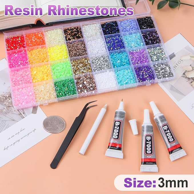 Bedazzling Kit 45000Pcs 32 Colors 3mm Jelly Rhinestones, Bedazzler kit with Rhinestones for Bedazzling, Gems for Diamond Art with 3Pcs 10ml B7000 Glue for Clothes Nails Art Makeup
