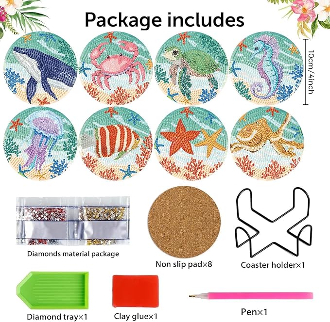 mrpwnle 8 Pack Diamond Art Coasters Kits - Ocean Diamond Painting Coasters