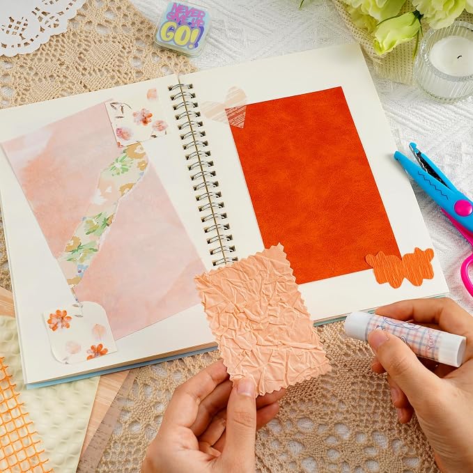 50 Sheets Unique Handmade Textured Scrapbook Paper & Mesh Fabric set - Junk Journal Supplies Craft Paper for Scrapbooking Journaling Supplies for Junk Journal Retro Crafts（Orange）