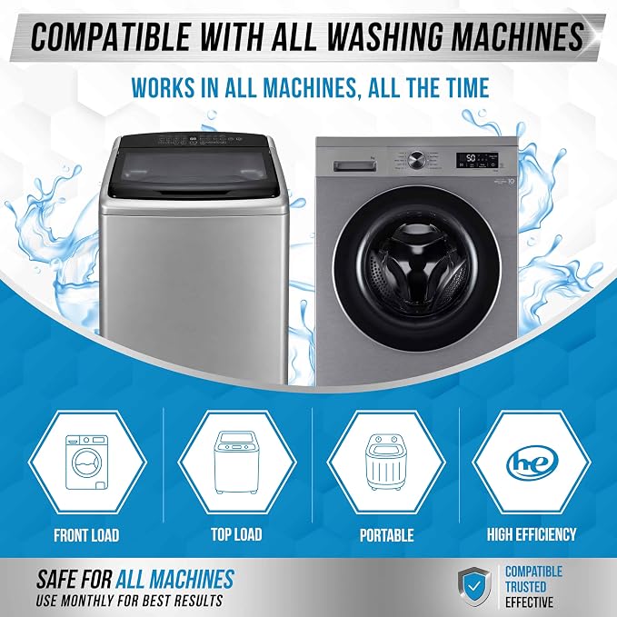 Washing Machine Cleaner Descaler 24 Pack - Deep Cleaning Tablets For HE Front Loader & Top Load Washer, Septic Safe Eco-Friendly Deodorizer, Clean Inside Drum and Laundry Tub Seal - 12 Month Supply