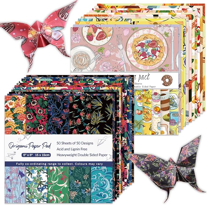 Origami Paper Kit 100 Sheets, 6x6 Inch Double Sided 40 Vivid Colored Paper | 70GSM Colorful Paper,40 Different Pattern Origami Kit,DIY Hand Crafts,Arts Creativity,Easy to Fold,No-Fading.Flower Dessert