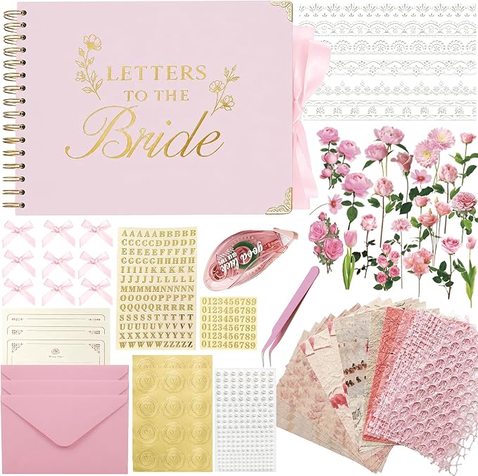 Ratutodax Letters to The Bride Scrapbook Kit,10"x8" DIY Wedding Guest Book | Blush Pink;Lay-flat gold coil design;50 blank pages of 180gsm;Fits 5" x 7" photos;160+ accessories;Bridal Shower Gift