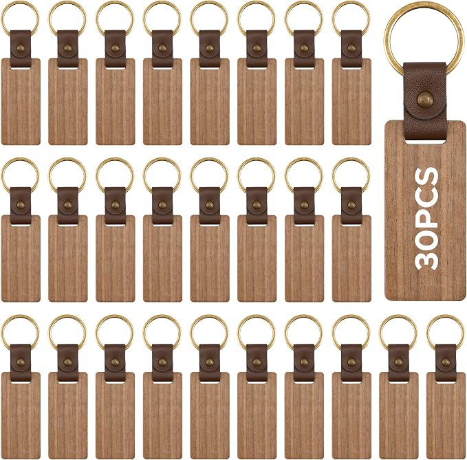 OMTech Wooden Keychain Blanks, Wood Key Chain Bulk, Unfinished Wooden Key Rings Key Tags for Laser Engraving DIY Craft Gift