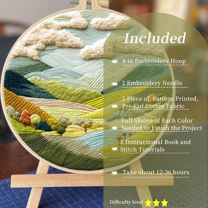 FONNUY Embroidery Kit for Beginners, Nature Hills Landscape Pre-Stamped Pattern Kits for Adults with Hoop, Easy to Follow Color Thread Needlework, 8'' Hoop (Rolling Mountains)
