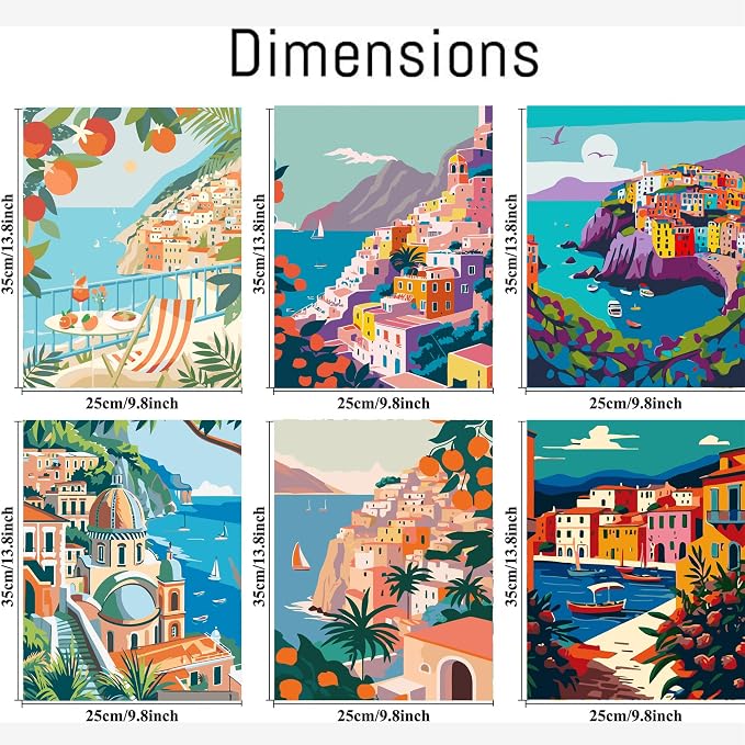 cupmod 6 Packs Scenery-Cityscape Paint by Numbers Kit for Adults,DIY Watercolor Acrylic Oil Painting Landscape Paint by Numbers Kits on Canvas,Adults Paint by Numbers Kits for Home Decor 9.8x12.8inch