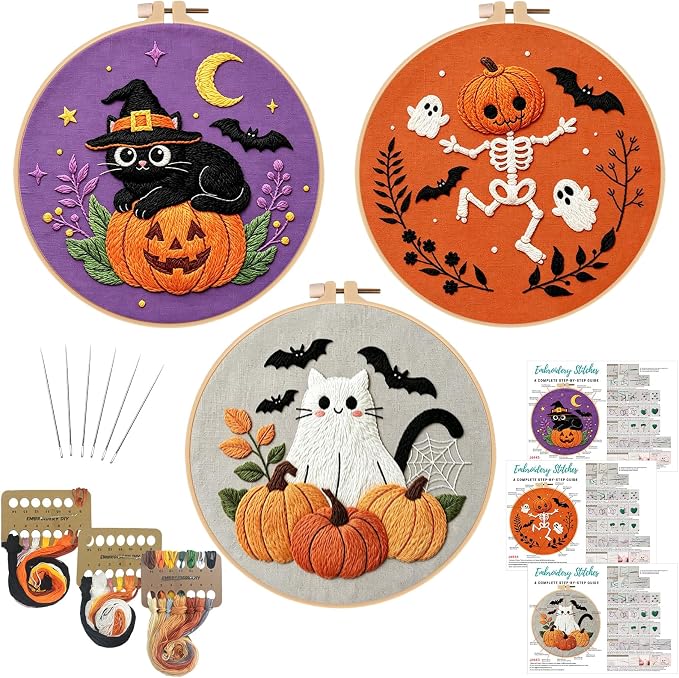 Nuberlic 3 Pack Halloween Embroidery Kit for Beginners