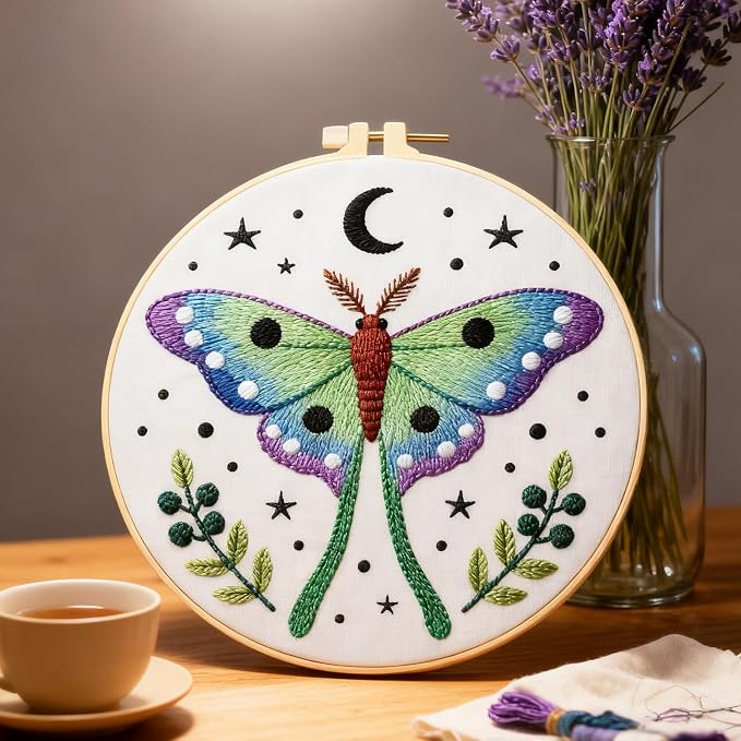 BEUNITONE 6 Set Moth Embroidery Kit for Adults Beginners, DIY Needlepoint Craft Kits with Instructions and Hoops, Complete Starter Set for Adults, Handmade Embroidery for Gifts and Home Decor 20x20cm