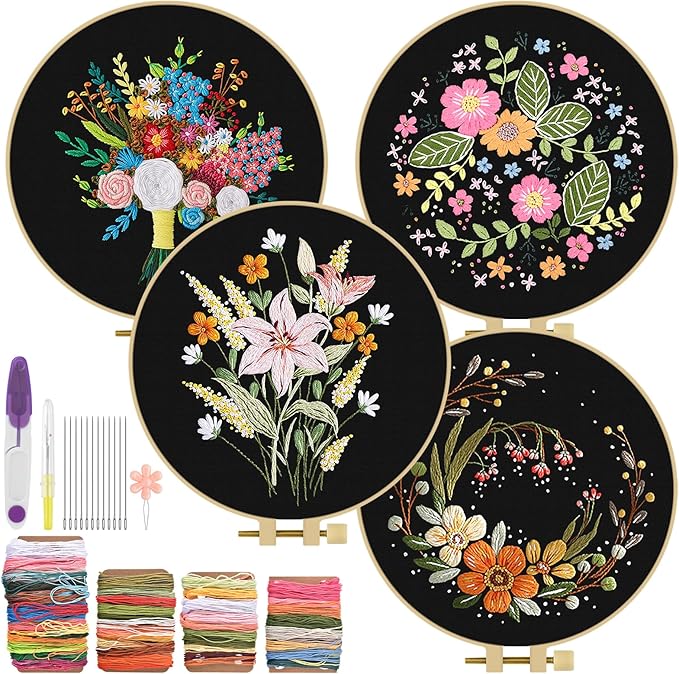 ERKOON 4 Sets Embroidery Kit, Floral Cross Stitch Set for Include Embroidery Cloth Hoops Threads for Craft Lover Hand Stitch(Floral)